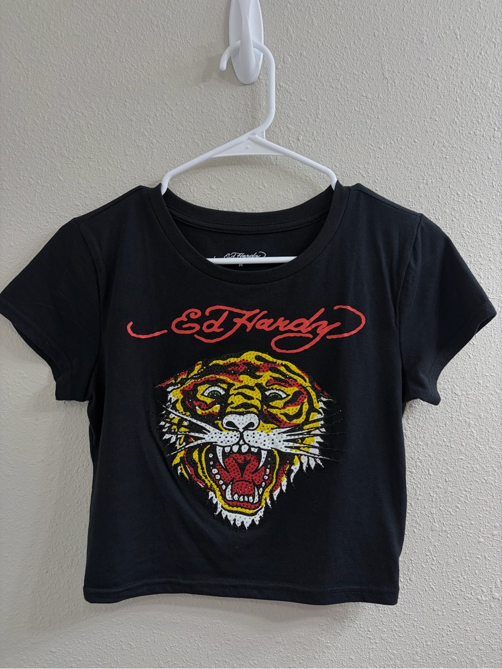 Ed Hardy Black Crop Tee with Red & Yellow Tiger Graphic